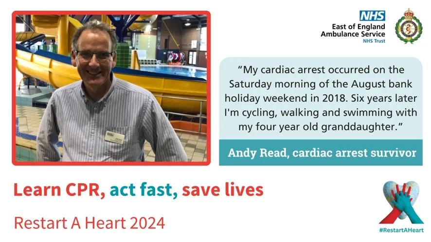 A smiling man with a positive message on learn cpr, act fast and save lives